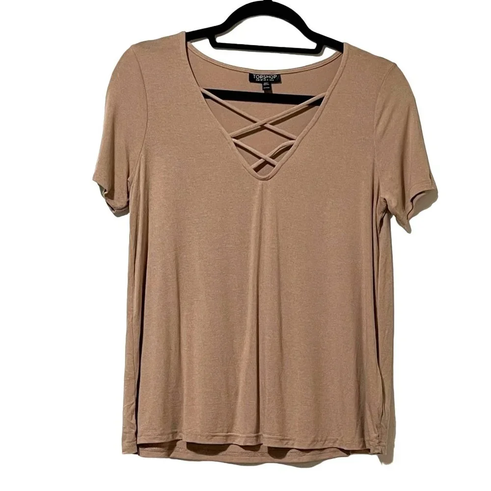 TOPSHOP women's size 4 tan criss cross strap v neck short sleeve top - Picture 1 of 7